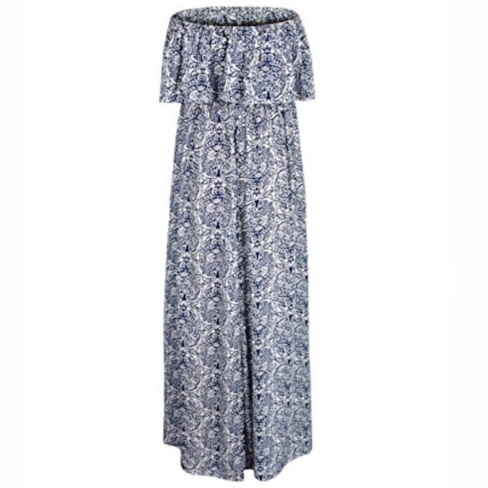 Strapless Ruffle Maxi Dress Size 16 XL Blue & White Rayon Print - Picture 6 of 16